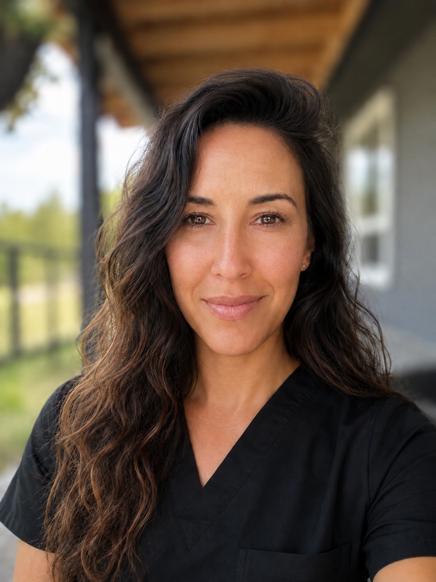 Portrait of Karee Harrison, owner of Bitterroot Wax & Wellness, on the porch of the studio in Lolo, Montana